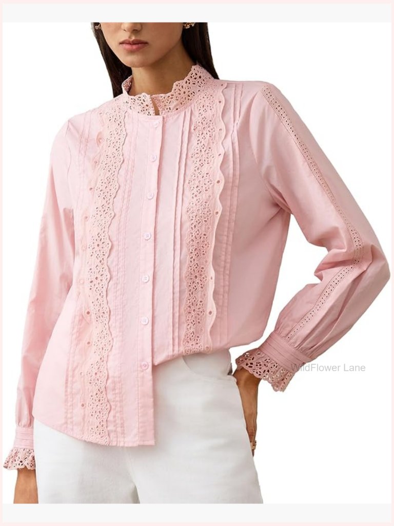 Long Sleeve Blouse, Cotton Eyelet Top, Work Casual